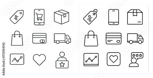 E-commerce and shopping line icons set – outline, online purchase symbols