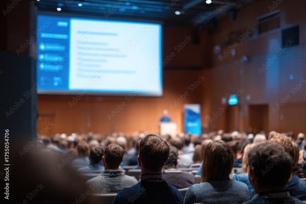 Fototapeta premium Engaging conference scene showcasing audience captivated by presentation on screen