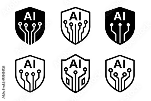 AI Ethics Shield Logos. Ethical AI coder collectives. Set Logo of AI ethics: shield with AI circuits. harmonious logo variations of the same emblematic