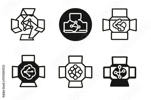 AI Ethics Logos. Ethical AI coder collectives. Set Logo of AI ethics: interconnected laptops. harmonious logo variations of the same emblematic concept, each