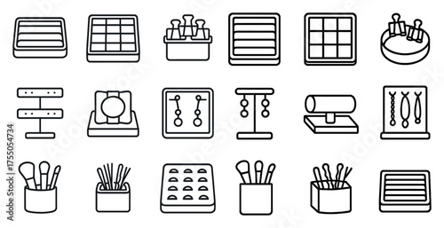 Jewelry display outline icons set – linear, silhouette, earring and necklace symbols