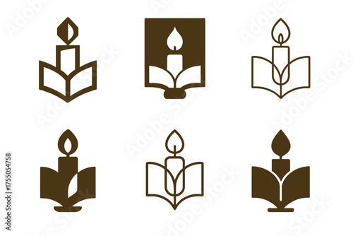 Cozy Reading Logos. Reading by candlelight. Set Logo of Cozy reading: candle holder and book icon. harmonious logo variations of the same emblematic concept,