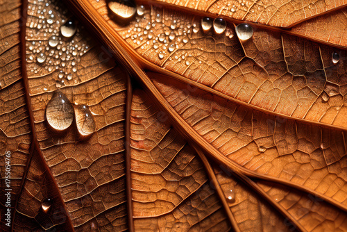 Macro texture of dried leaf with dew drops