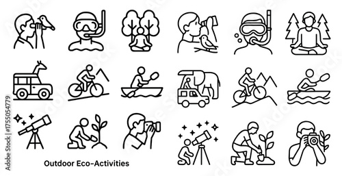 Outdoor activities icons set – outline, linear, adventure and nature symbols