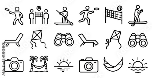 Beach and sports outline icons set – surf, leisure, activity symbols