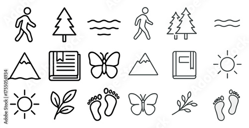Nature and outdoors line icons set – outline, minimal, hiking and adventure symbols