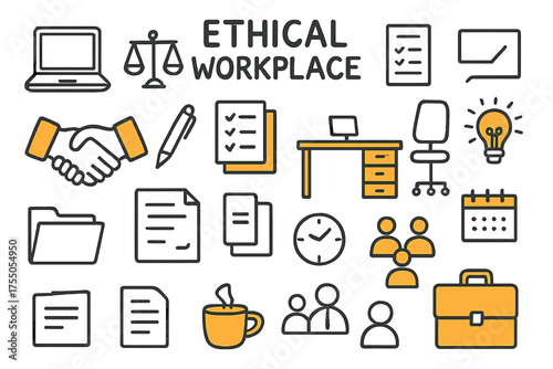 Ethical Workplace Icons. Ethical Workplace. Hand-drawn doodle illustration ethical workplace handshake (accented), laptop, checklist (accented), scales of