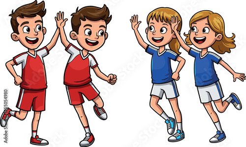 Happy cartoon children in sportswear giving high-fives, celebrating teamwork, friendship, and fun activity in dynamic energetic poses on white background