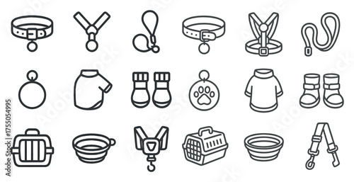 Pet care outline icons set – silhouette, linear, animal and accessory symbols