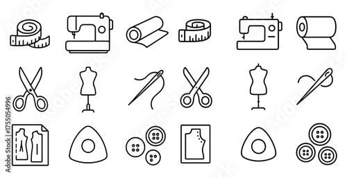 Sewing and tailoring outline icons set – linear, fashion, dressmaking