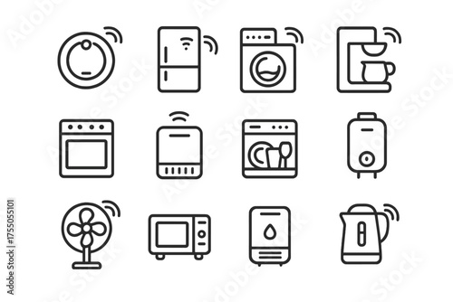 Smart Appliance Icons. Smart appliances. Line icon set of Smart appliances: robot vacuum, smart fridge, washing machine, coffee maker, oven, air purifier,