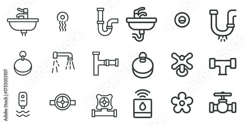Plumbing and pipe line icons set – outline, silhouette, plumbing fixtures and elements