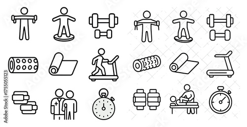 Fitness and exercise outline icons set – workout, gym, health symbols collection