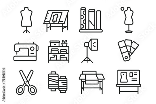 Fashion Design Icons. Fashion studio. Line icon set of Fashion studio: dress form, sketching table, fabric rolls, mannequin, sewing machine, storage shelves,