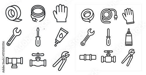 Plumbing tools outline icons set – wrench, pipe, maintenance essentials