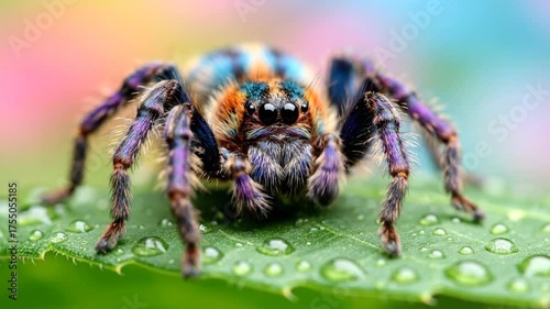 Detailed close up of colorful spider on leaf with water droplets