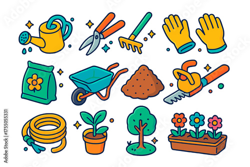 Plant Maintenance Icons. Plant maintenance. Colorful isometric vector icons set of plant maintenance: watering can, pruning shears, rake, gloves, fertilizer