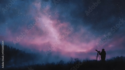Silhouette of an astronomer with a telescope gazes at the vibrant star filled Milky Way above a misty forest landscape at night
