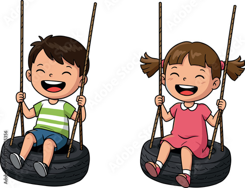 Happy children playing on tire swings in summer park, outdoor fun, smiling kids enjoying playground activity, childhood joy and laughter
