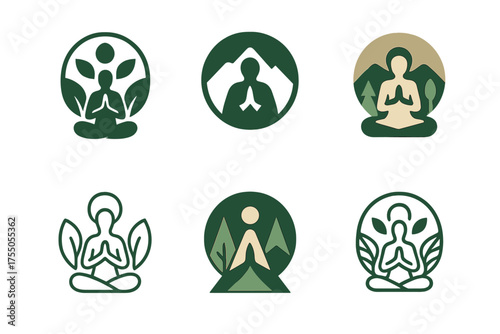 Spiritual Logo Variations. Prayer in nature. Set Logo of Spirituality: meditation circle with natural elements. harmonious logo variations of the