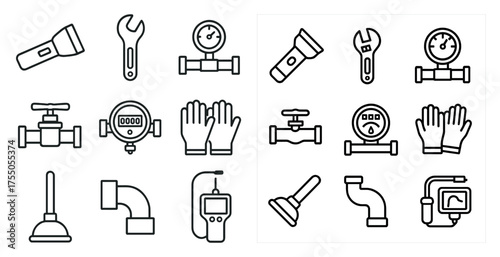 Plumbing tools outline icons set – linear, line, repair and maintenance symbols