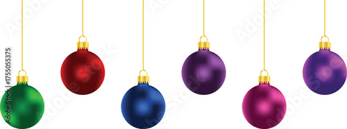 Group of solid color christmas ornaments hanging