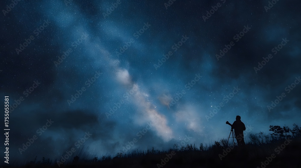 Fototapeta premium A lone silhouette with a telescope gazes at the vast star filled night sky capturing the awe of the Milky Way