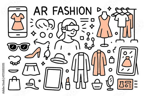 Augmented Reality Fashion. Augmented Reality Fashion. Hand-drawn doodle illustration augmented reality fashion smartphone (accented), AR headset, mannequin