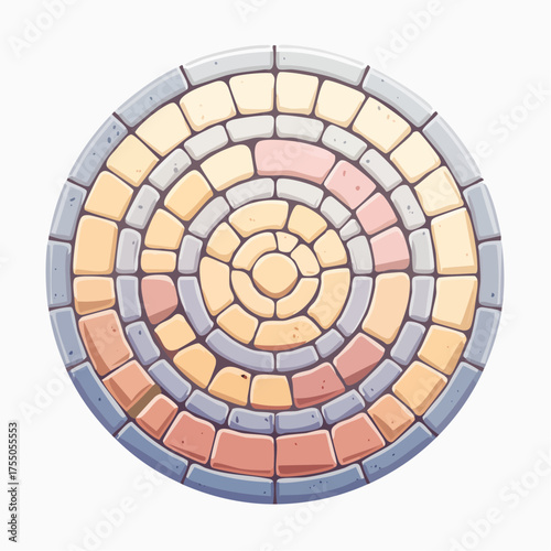 Circular stone pavement design with concentric rings and varied colors.