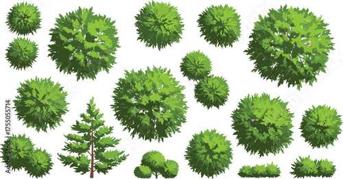Twenty diverse cartoon-style green trees and shrubs in various shapes, perfect for game assets, nature scenes, educational materials, landscaping designs, and digital art projects