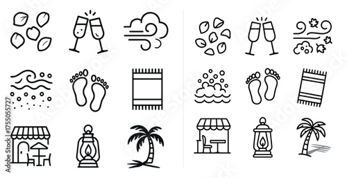 Relaxation and spa outline icons set – linear, silhouette, wellness, self-care visuals