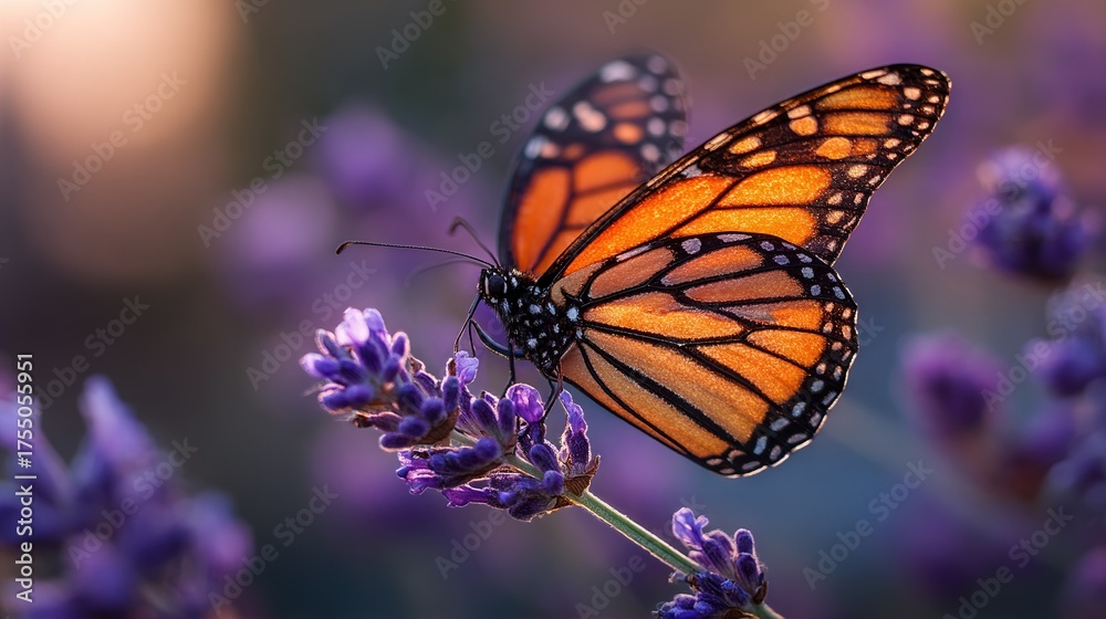 Obraz premium A high-resolution image of a butterfly perched on a plant with luscious purple flowers in focus, while the background appears slightly out of focus