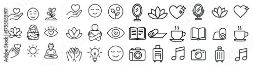 Wellness and relaxation outline icons set – yoga, meditation, self-care symbols
