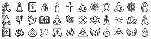 Spiritual and meditation outline icons set – calm, peace, mindfulness symbols