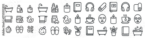 Home spa and relaxation icons set – outline, linear, wellness and self-care symbols