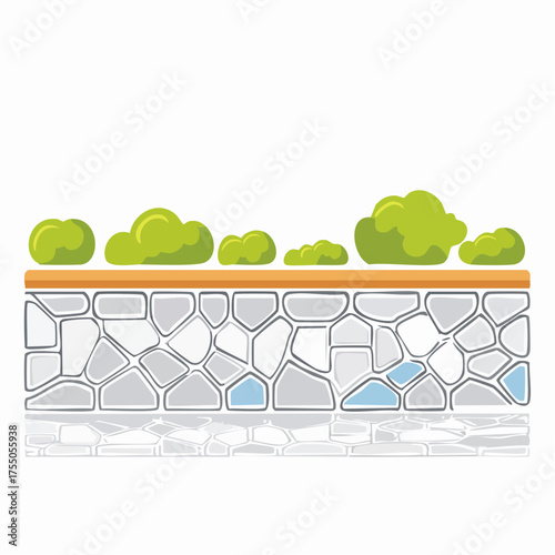 A stylized cartoon illustration of a stone retaining wall with green bushes on top, isolated on a white background with a reflection.