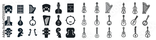 Musical instruments silhouette icons set – string, orchestra, band symbols