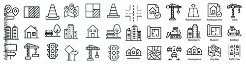 City planning and construction outline icons set – urban, blueprint, infrastructure symbols