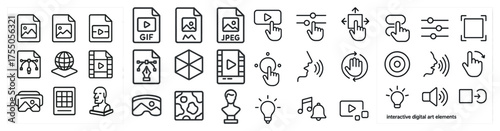 Interactive digital art line icons set – outline, creative, multimedia symbols