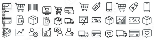 E-commerce and shopping outline icons set – linear, retail, online marketplace symbols