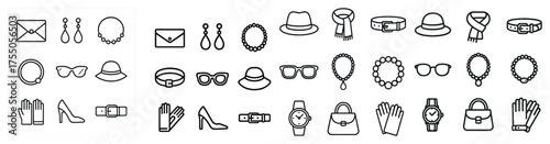 Fashion accessories outline icons set – line, silhouette, jewelry and clothing symbols