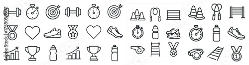 Sports and fitness line icons set – training, workout, exercise symbols