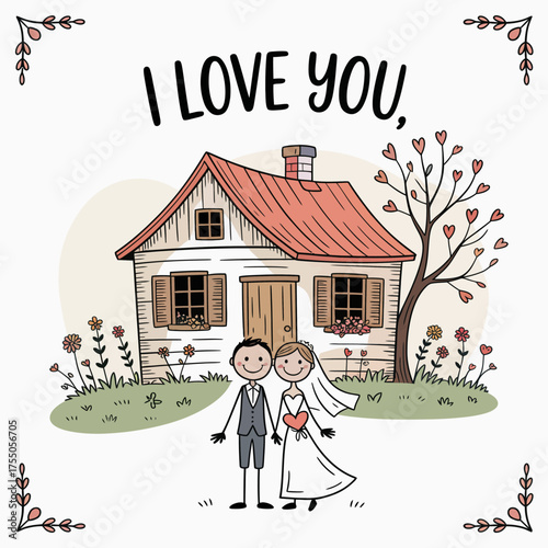 I Love You Wedding Illustration: A charming illustration depicts a newlywed couple standing in front of their new home, with a message of love and togetherness above.