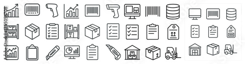 Warehouse and inventory icons set – outline, linear, logistics and supply chain graphics
