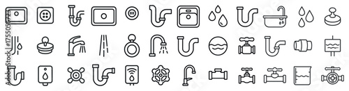 Plumbing outline icons set – linear, pipe, water fixture and repair symbols