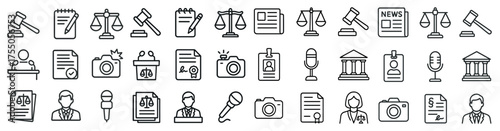 Legal and justice line icons set – outline, solid, law and court symbols