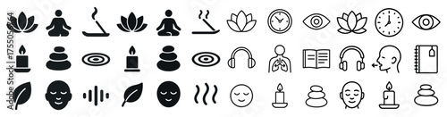 Meditation and relaxation icons set – outline, linear, wellness and mindfulness symbols