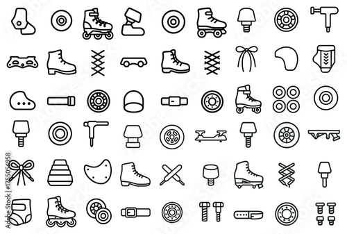 Roller skate and equipment line icons set – flat, outline, skating symbols collection