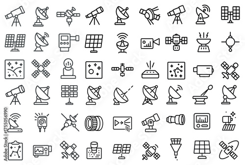 Astronomy line icons set – silhouette, telescope, space exploration designs