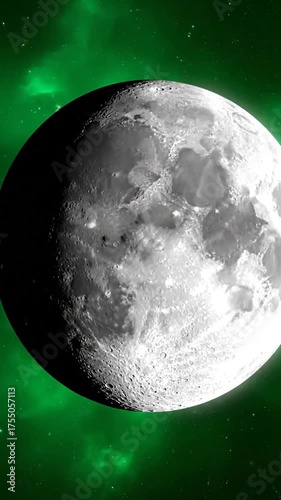 Dramatic moon in space with green nebula background abstract design